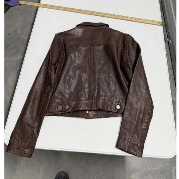 Fossil Brown Leather Cropped lamb leather Jacket Womens Trucker Button Front - Picture 5 of 9